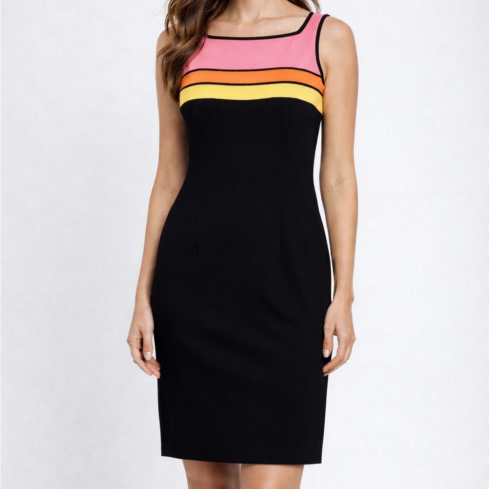 New Vintage Sleeveless Short Black Dress Pink, Orange and Yellow Color Block 8